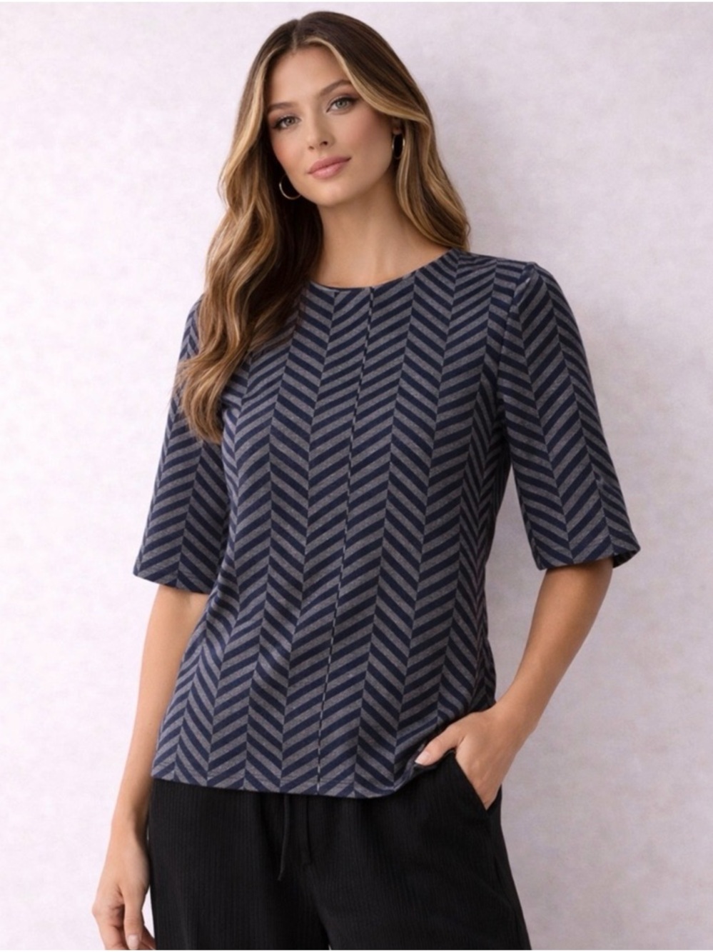 Next Chevron Stripe Structured Top Size 14 Navy Gray | Chic Work Blouse